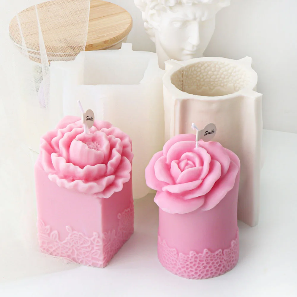 

Lace Peony Square Pillar Silicone Candle Mould Handmade Rose Cylindricity Aromatherapy Candle Plaster Resin Mold Cake Decor Tool