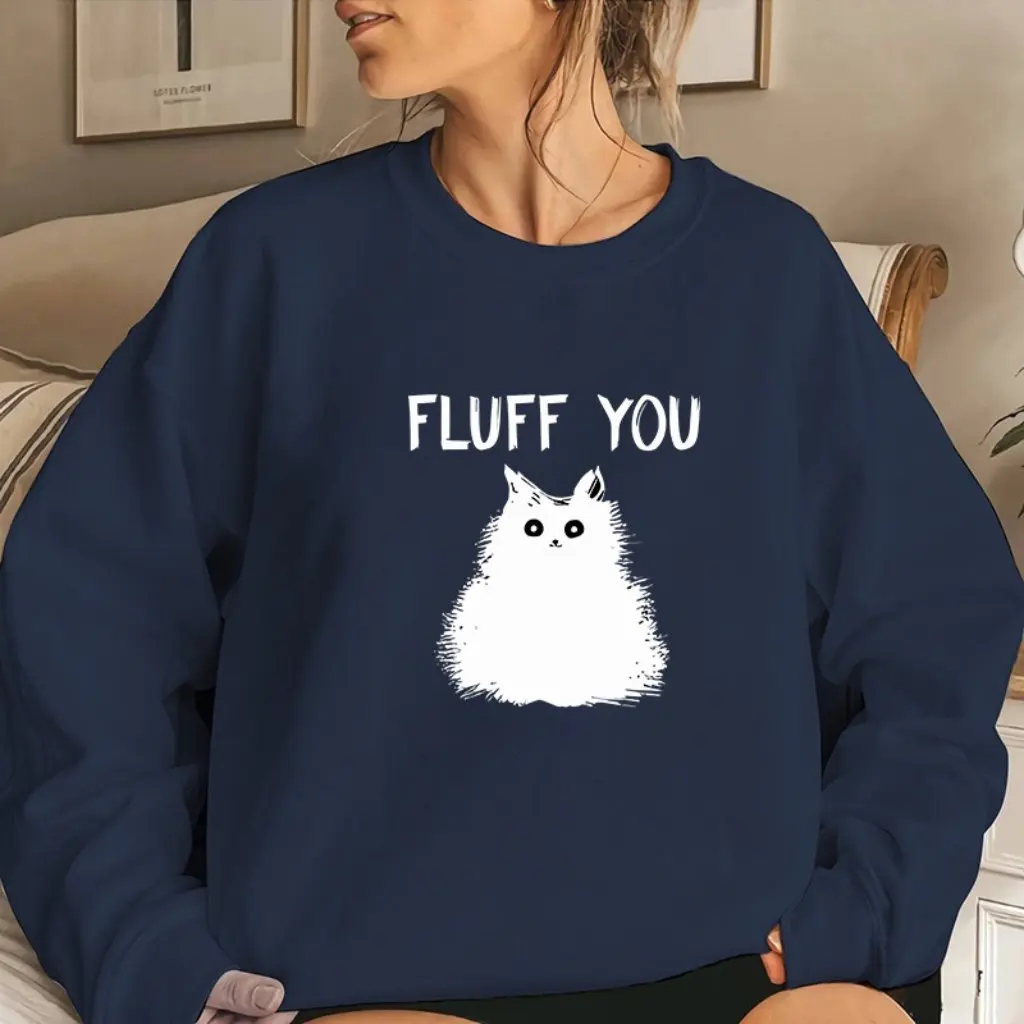 Women's Fleece-Lined Cat Letter Print Sweater Autumn Winter Back Bag Collar round Neck Popular Style