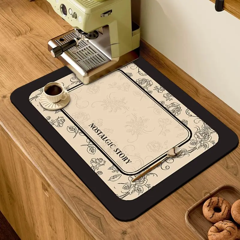 VIKAMA French Vintage Floral Tableware Drainer Mat Coffee Machine Bar Counter Absorbent Quick Dry Mat Table Home Decor Mat