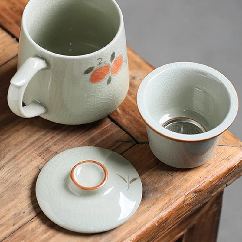 Chinese Style Persimmon Pattern Mug, Home Personal Office Cute Teacup With Cover, Creative Separated Tea Cup for Tea, 375ml, 1Pc