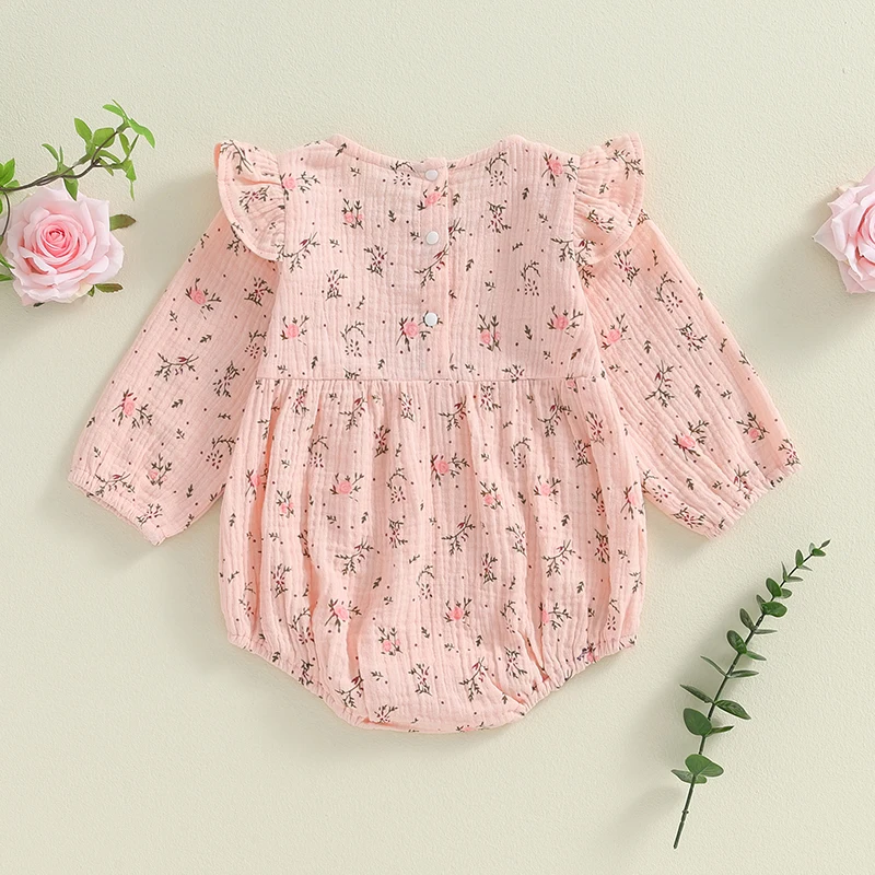 Baby Girls Floral Romper Cotton Long Sleeve Ruffles Playsuit Jumpsuits Cute Newborn Autumn Fall Clothes