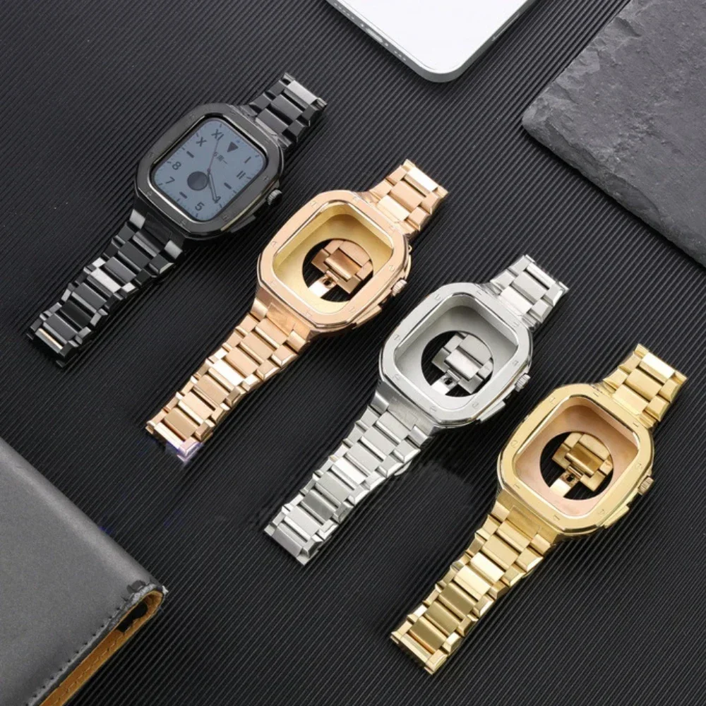 Luxury Modification Kit For Apple Watch 9 8 7 Watch Case 45mm 44mm Business Metal Bezel Frame For iWatch Series 9 6 5 4 SE Strap