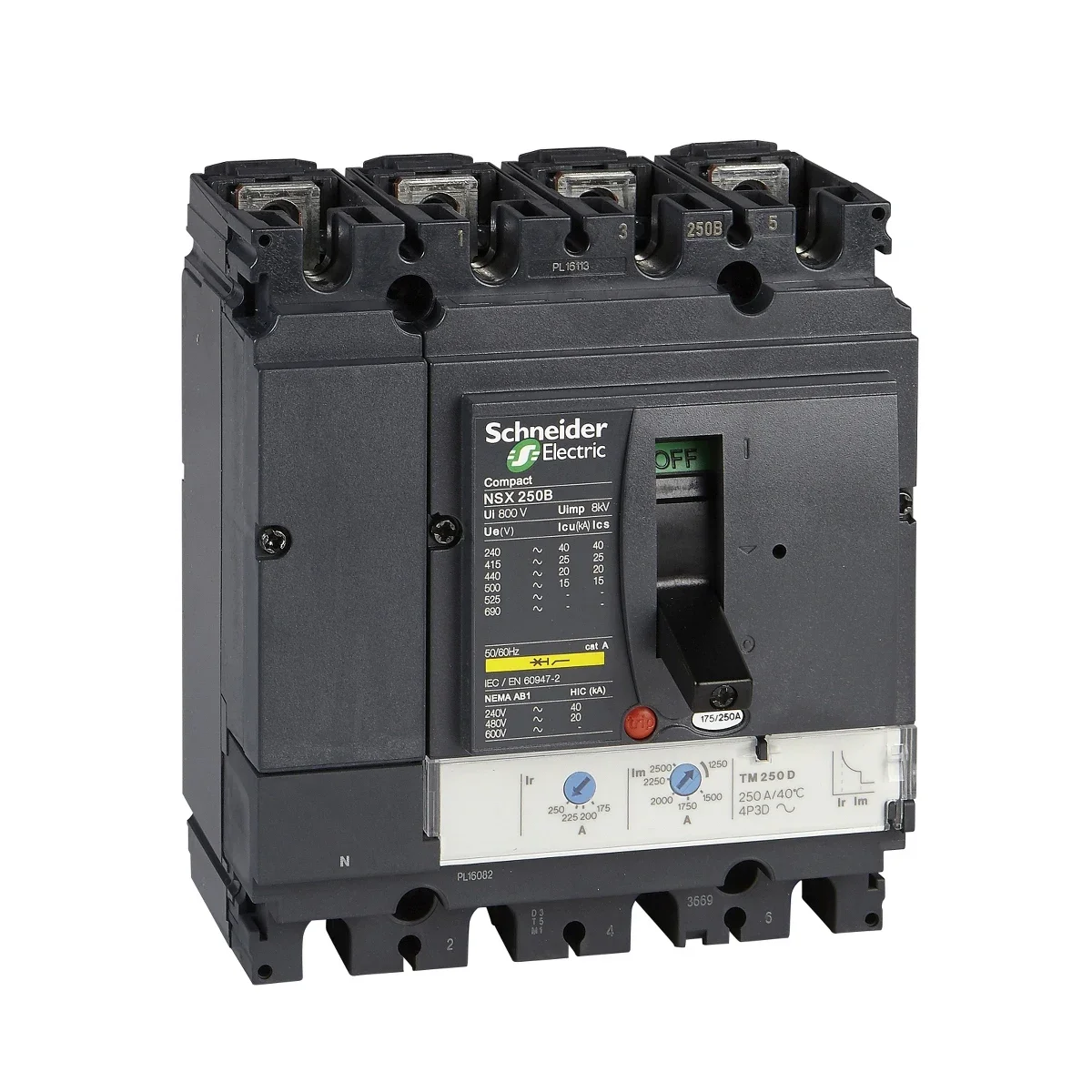 

Telemecanique LV431840 circuit breaker ComPact NSX250N 50kA 415VAC TMD trip unit 250A 4P 3D MCCB C25N6TM250