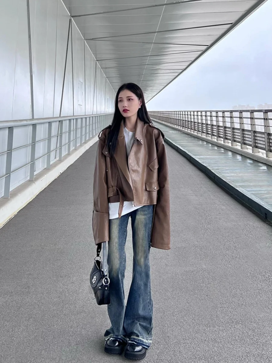 ブラウンカラーPUレザージャケット レディース ルーズ ショートスリーブ 春秋 2024 新作 ファッション ワークウェアコート PmORhブランド