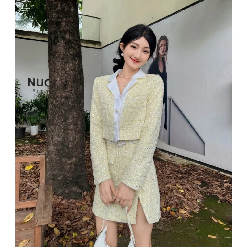 UNXX Autumn Small Fragrance Yellow Tweed Two Piece Set Women Crop Top Woolen Short Jacket Coat + Mini Skirts Sets 2 Piece Suits