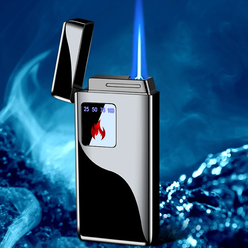 Hot Electric Blue Flame Ice Plated Digital Display Power Touch Lighter Windproof Jet Cigar Torch Lighter Men Gifts