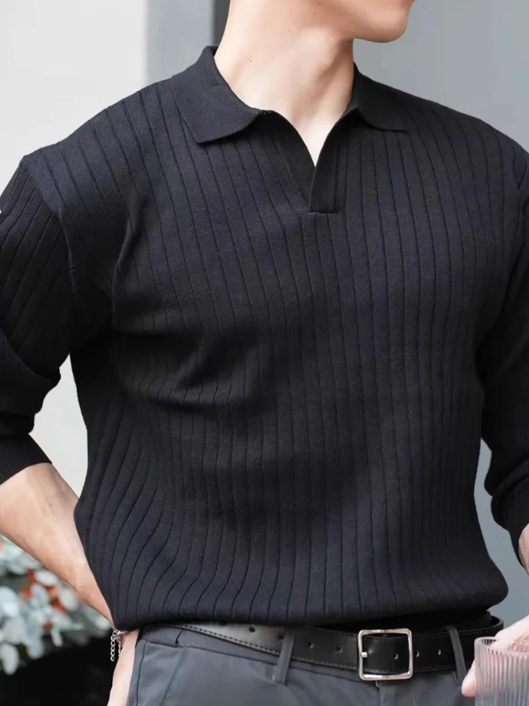 

Spring Autumn Men's Slim Fit Knitted Long Sve irt V-Ne Pure Color Vertical Stripe Base Layer Faionable Top