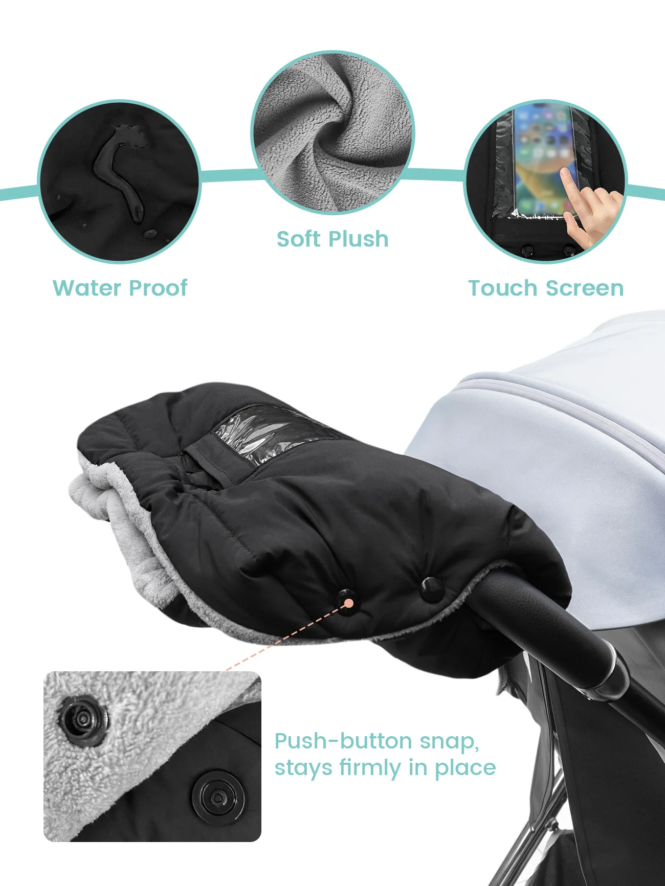 Winter Baby Stroller Hand Muff: Waterproof Windproof Warm Plush Gloves with Touch Screen Pocket & Push-Button Snap