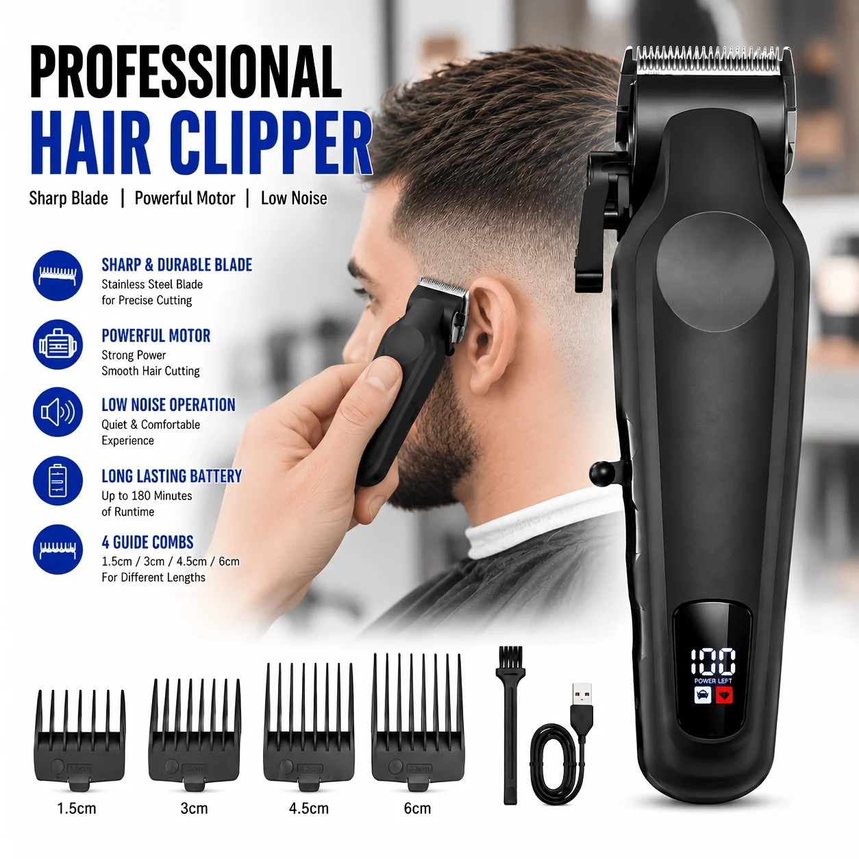 Professional Electric Hair Clipper, Led Digital Display, Type-C Charging Port, Unisex Hair Clipper, Beauty Tool, Perfect Gift for Father and Loved Ones, Birthday Gift, Stylish Design, Multiple Length Options of 1.5Mm/3Mm/4.5Mm/6Mm, Three-Level Blade Adjustment, Easy to Operate, Suitable for Men and Adults for Daily Hair Trimming, Easy to Trim Hair at Home, Perfect for Family Use