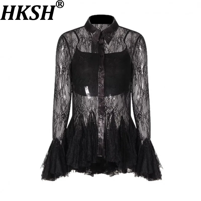 

HKSH Women Shirt Sexy Sheer Lace Ruffled Long Sleeves Short Vest Single Breasted Turn-down Collar Gothic Blouse Sexy Top HK20903