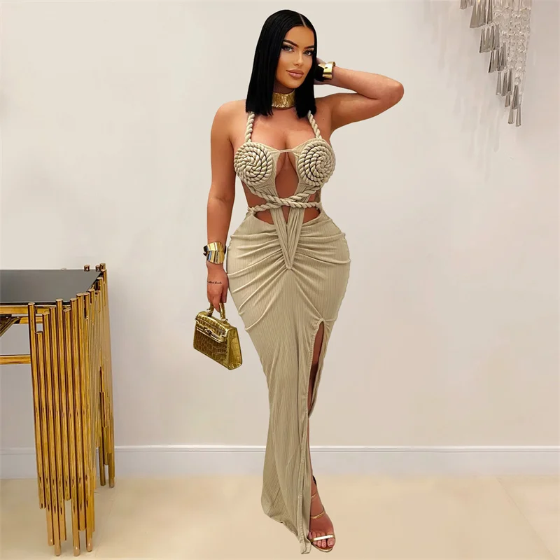 Frauen Sommer Backless Halter Sexy Nachtclub Langes Kleid Stricken Rippen Cut Out Side Split Maxi Abend Party Clubwear Kleid Damen