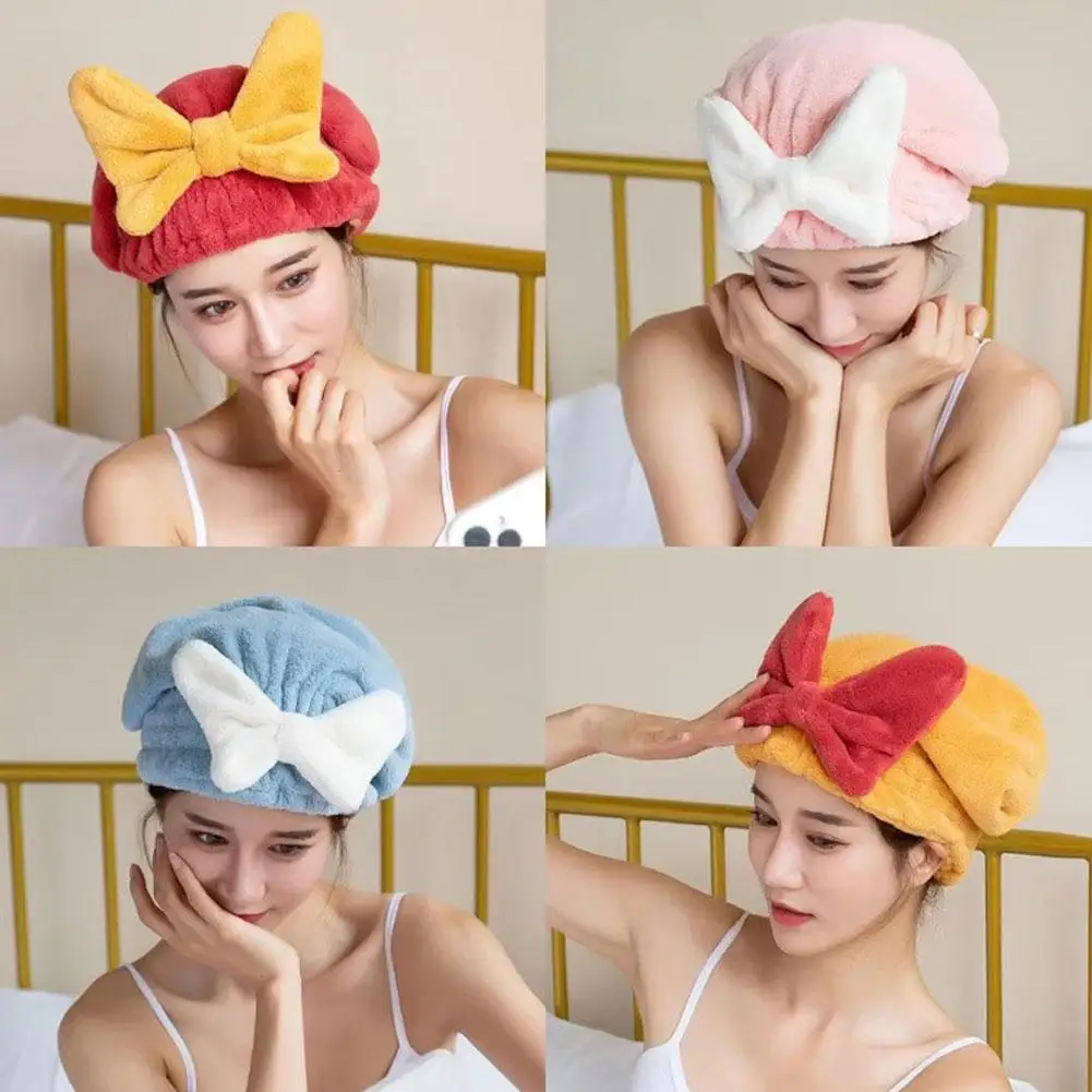 Microfiber Hair Drying Towels Head Wrap With Bow-Knot Shower Cap Cute Thickened Dry Hair Caps That Absorb Water And Dry Quickly