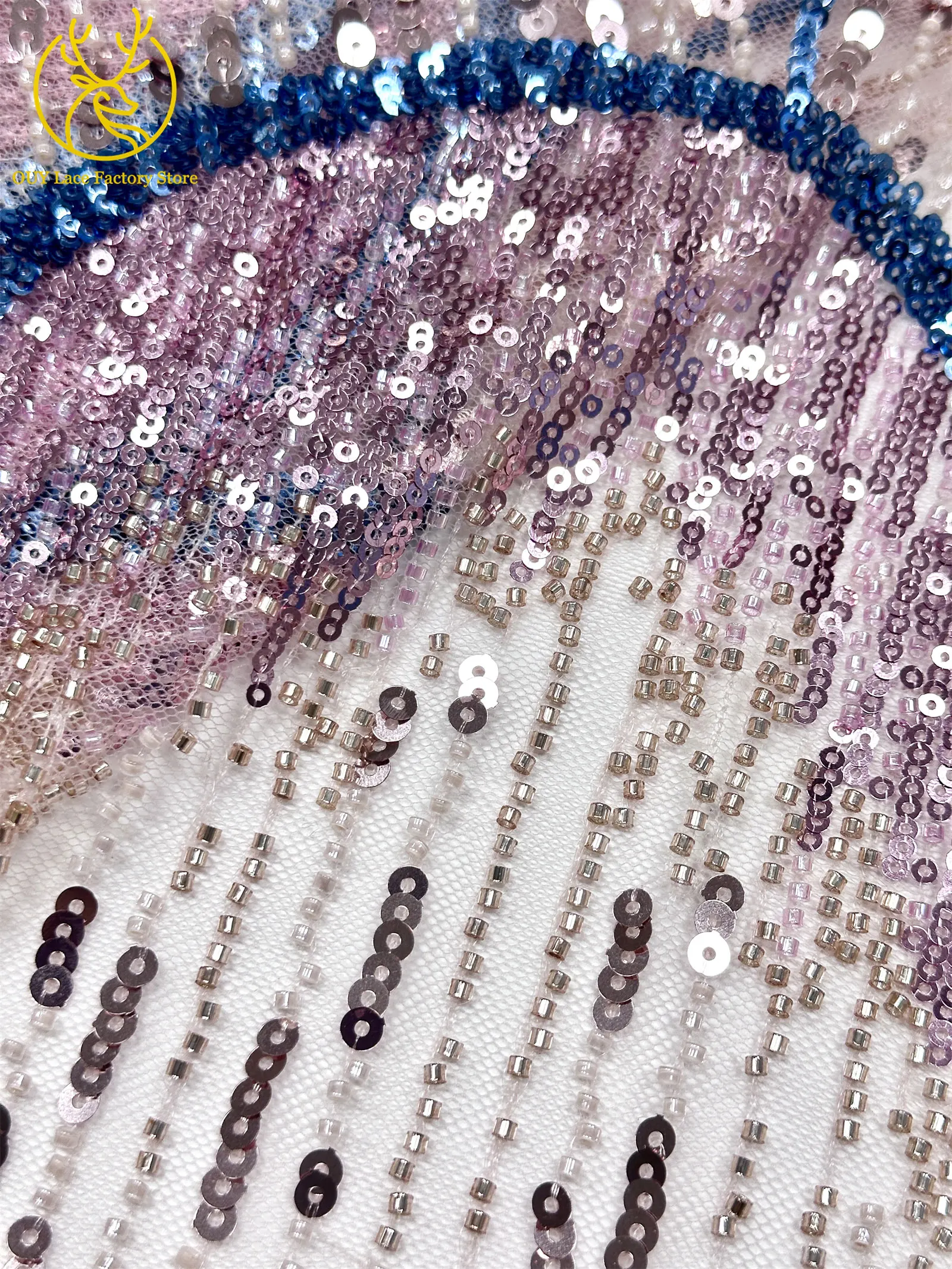 5 Yards afrikanischer Perlen-Pailletten-Spitzenstoff, hochwertiger, exquisiter nigerianischer Tüll-Mesh-Spitzenstoff zum Nähen von Hochzeitskleidern – Detail 19