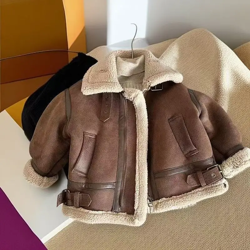 Children Velvet Warm Jackets Fashion Baby Kids Fleece Outwear Korean Boys Girls Zipper Thickness Suede Coat 2025 New Winter