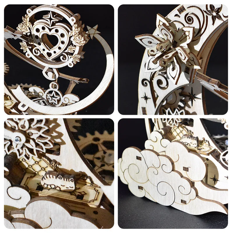 OUZEY 3D木製月面オルゴール - 回転する月模型組み立てキット、大人と14歳以上のティーン向けのDIY STEM教育クラフト