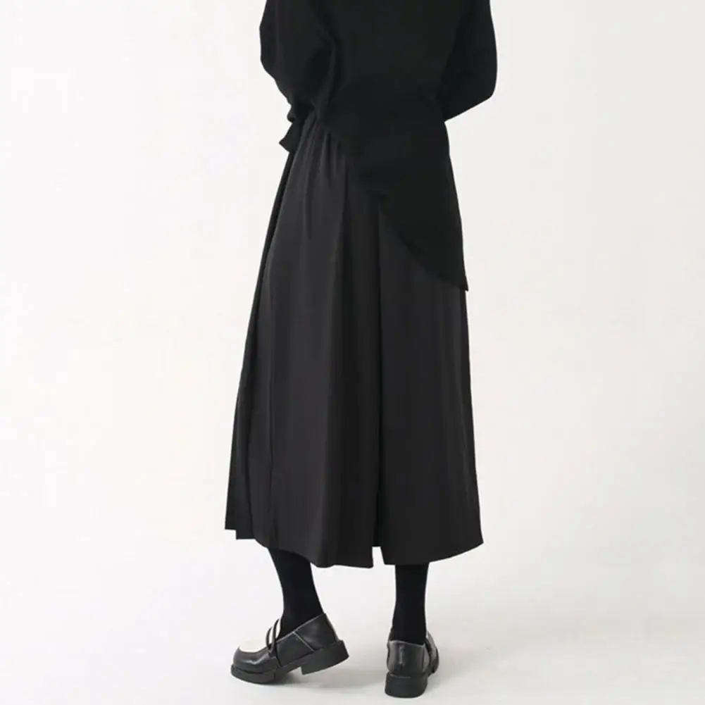 Fake Two-piece Culottes Black Solid Color Pleated Wide Leg Culottes for Women High Street Style Mid-calf Length Pants