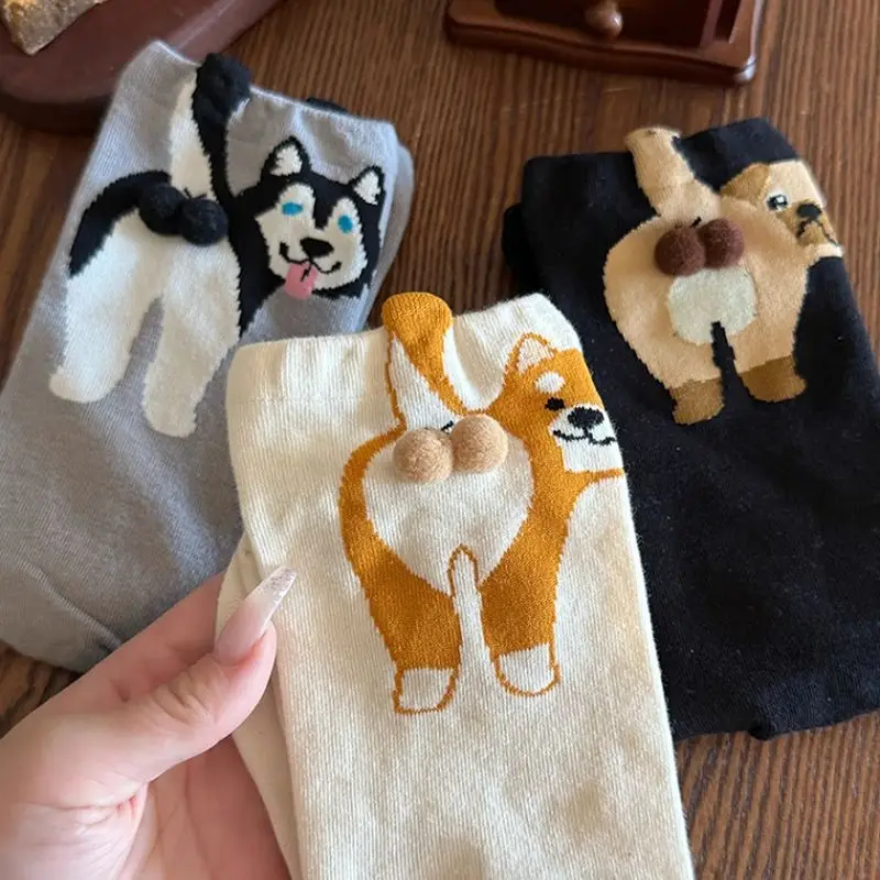 

3 пары трехмерных носков унисекс с яйцом для собак/кошек, новые носки средней длины в подарок для любителей собак, вязаные носки Kawaii Lolita