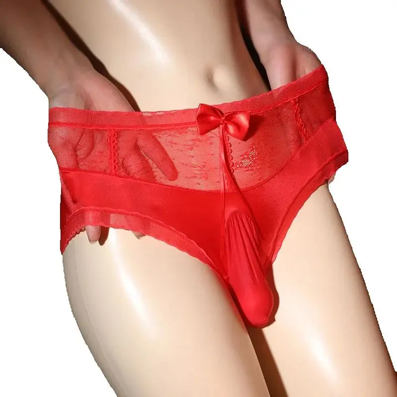 

Sexy Men's Lace Underwear Large Size High Waist Bow Underwear Silk Smooth Underpants See Through Lingerie Sissy Feminization