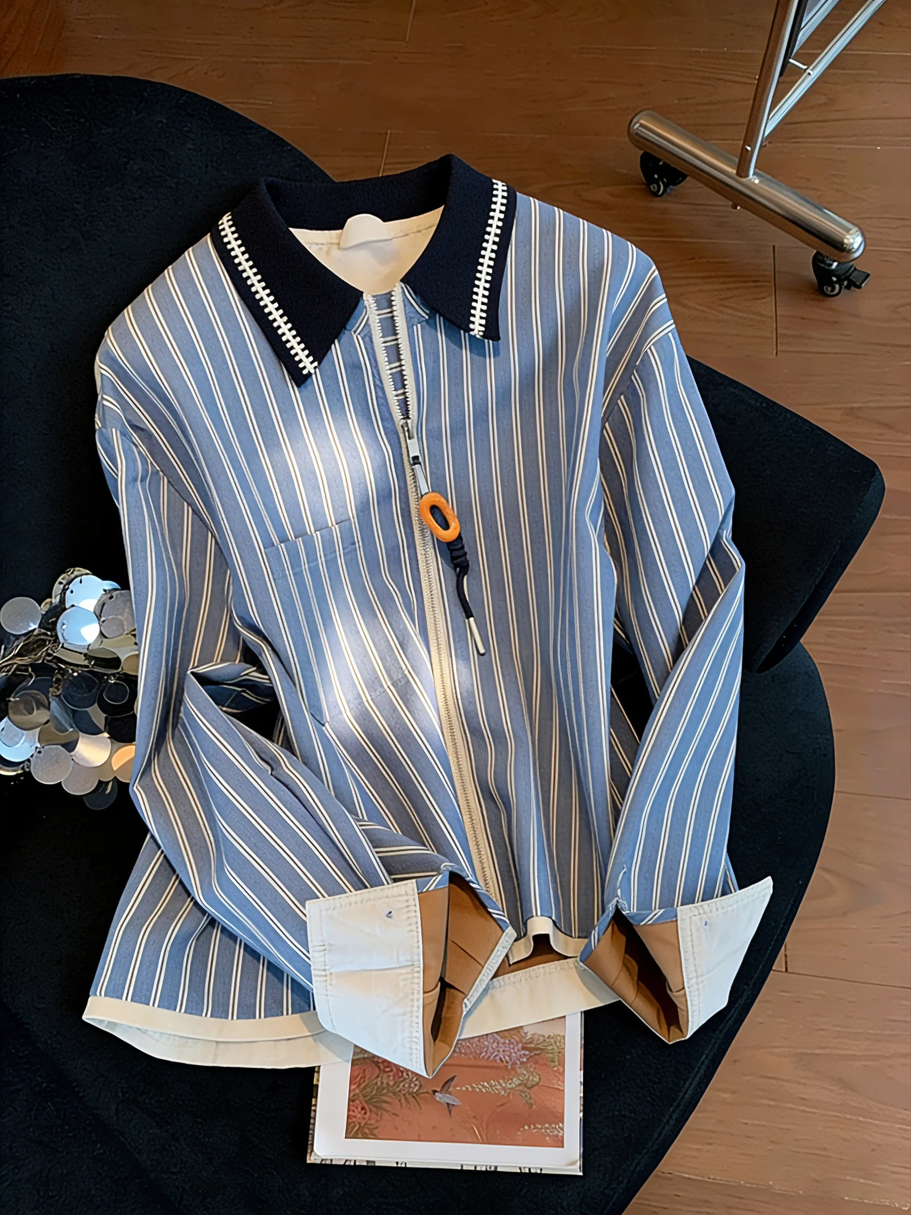 

Retro Korean Loose Fit Zipper Collar Striped Shirt Women's Casual Fashion Spring Autumn Versatile Slimming Top