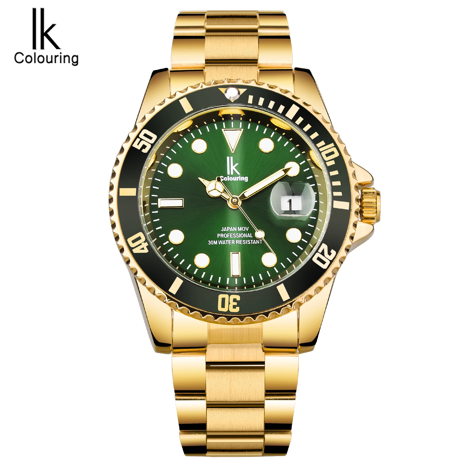 IK Coloring 2022 Luxury Brand Design Green Bezel Waterproof Clock Mens Quartz Golden Stainless Steel Calendar Sport Wristwatches