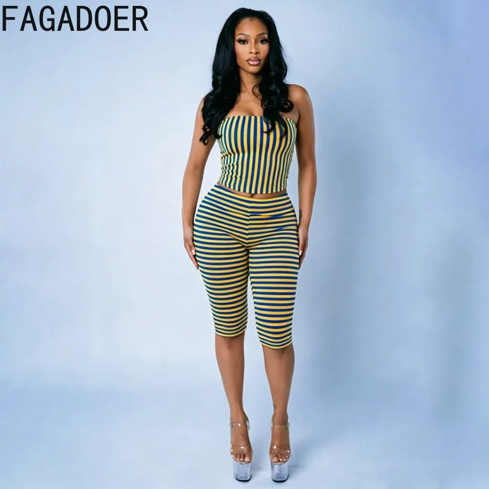 FAGADOER Summer Casual 2 Piece Sets Fashion Striped Patchwork Crop Top + Bodycon Capri Pants Suits Streetwear Party Club Outfits