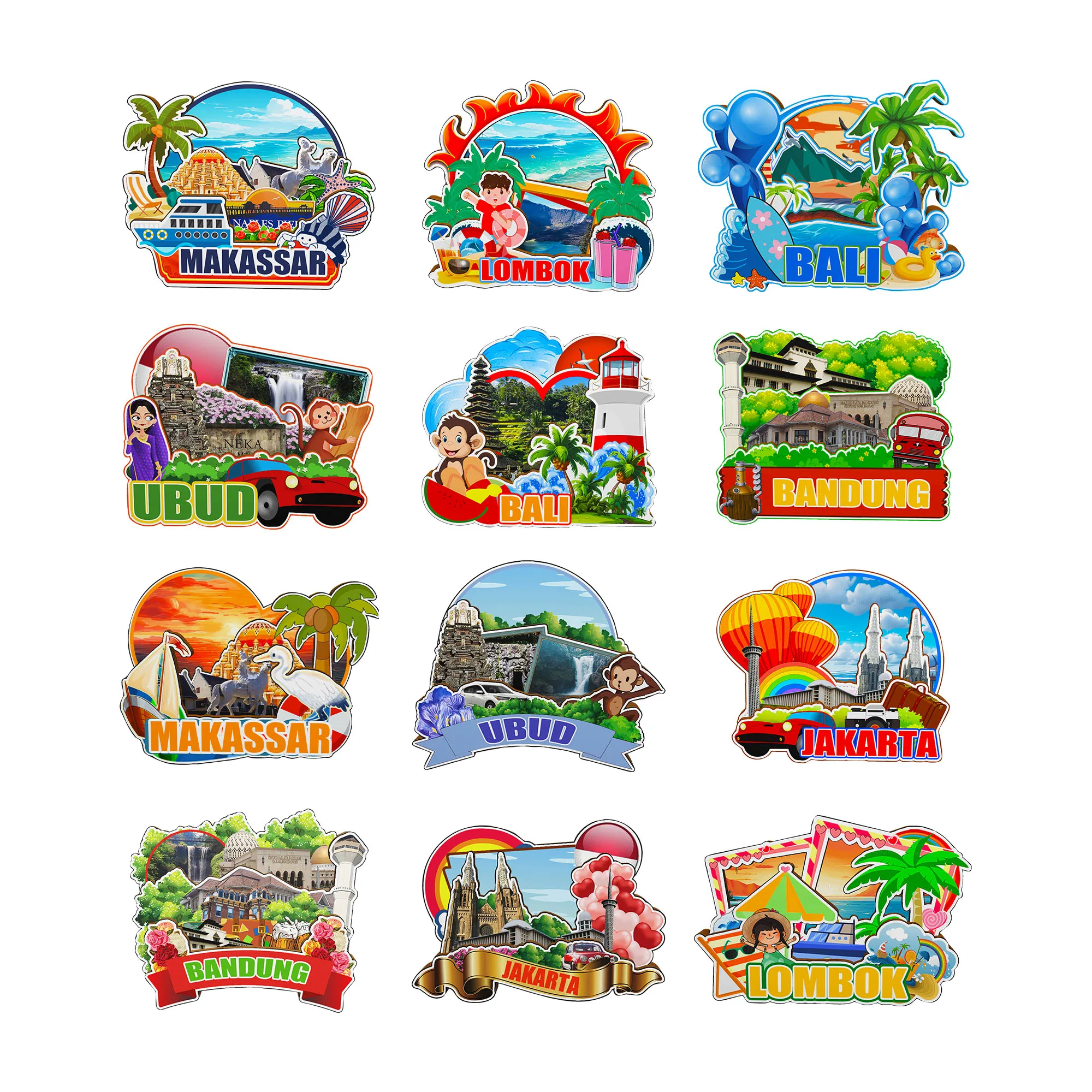 Imanes decorativos para Bali Jakarta Bandung Lombok Makassar Ubud Indonesia ciudad punto de referencia recuerdos de viaje nevera Stiker regalos