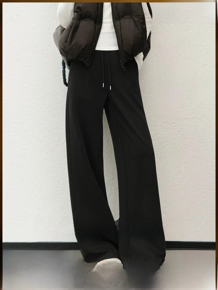 

Meiyang Casual Pants Fleece Lined Washed Elastic Straight Leg Warm Women's High Waist Polyester Fiber Loose Fit Casual Wear