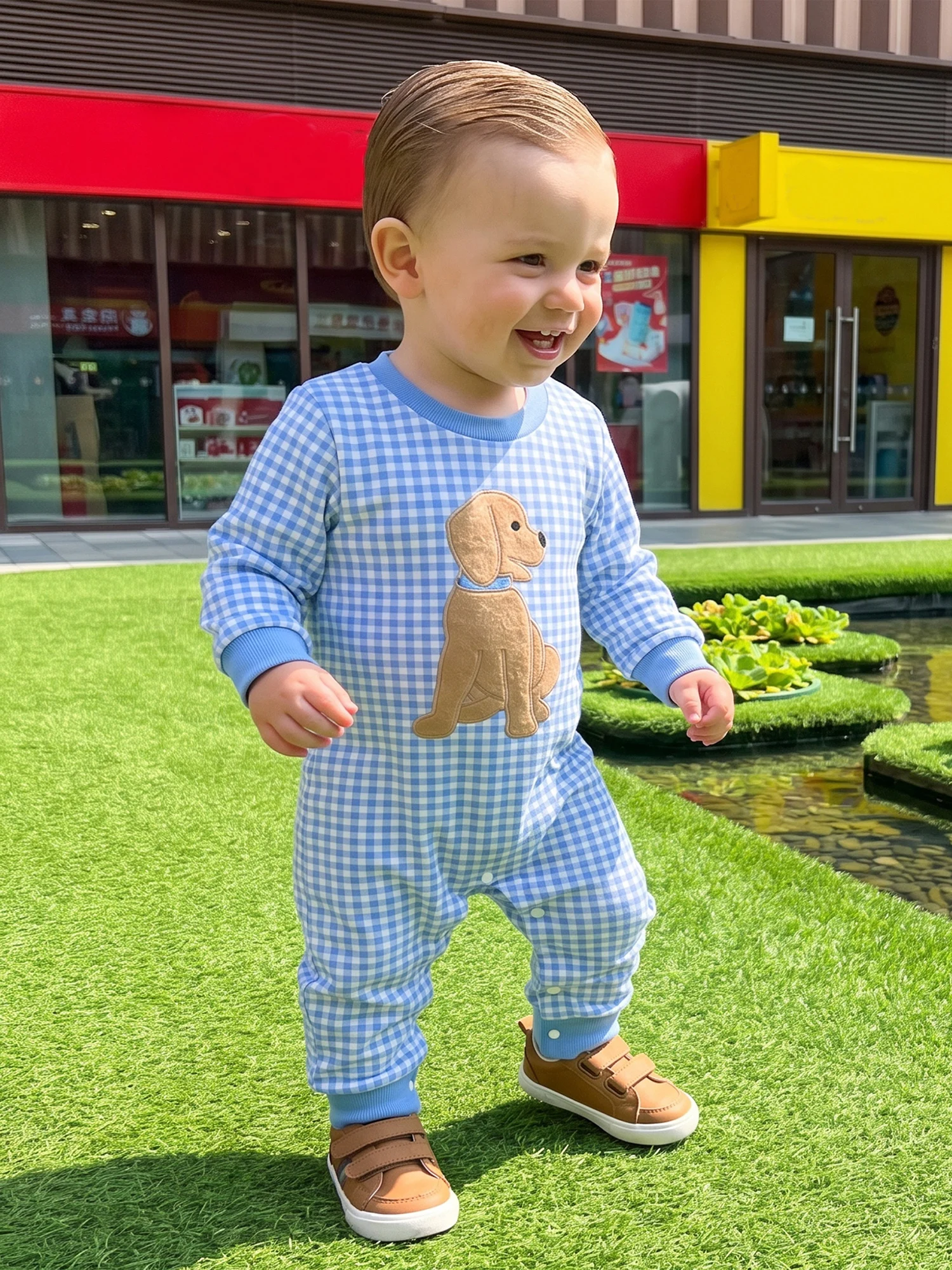 Sweatshirt Romper Embroidery Plaid Baby Boy Fall Sweatshirt Long Sleeve Jumpsuit Boy Embroidery Plaid Long Compact