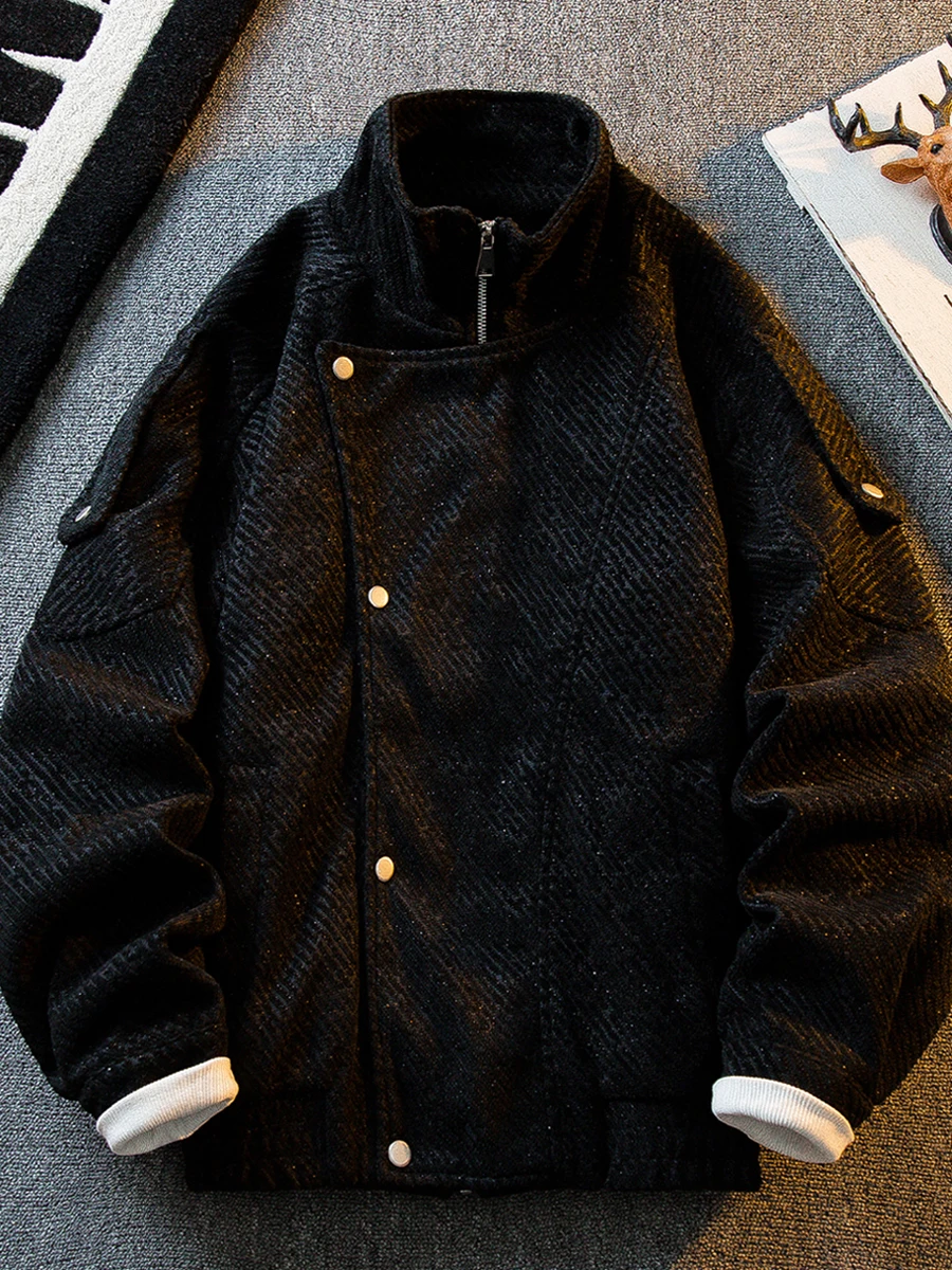 

Мужская саржевая шерстяная куртка Cleanfit, весенне-осеннее укороченное пальто с воротником-стойкой, черно-белый узор, универсальное пальто с погонами