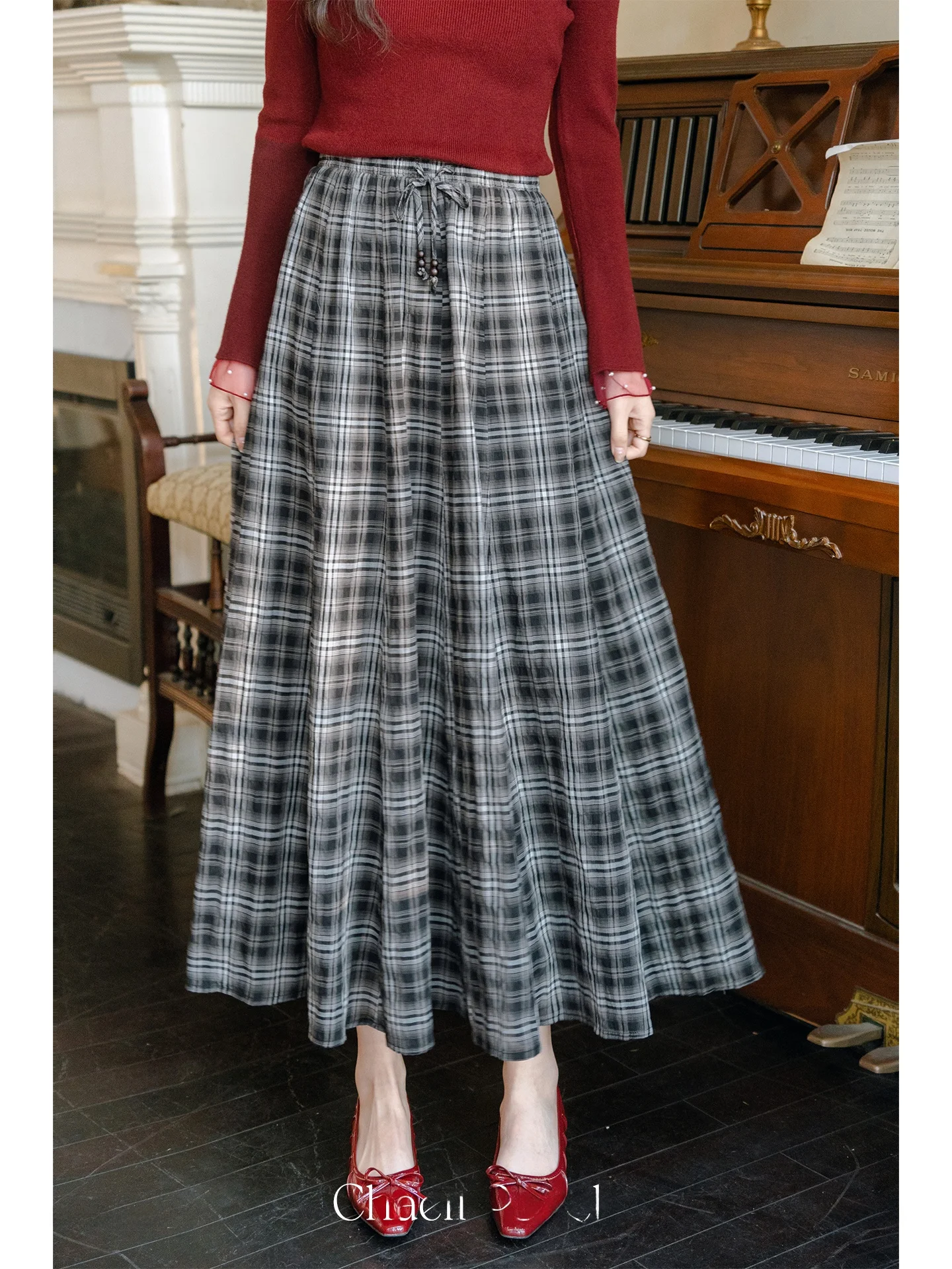 

Bla Plaid A-Line Skirt Women's High Waist Cotton Cheered f-length Spring Autumn Winter Faion Ladies Skirts