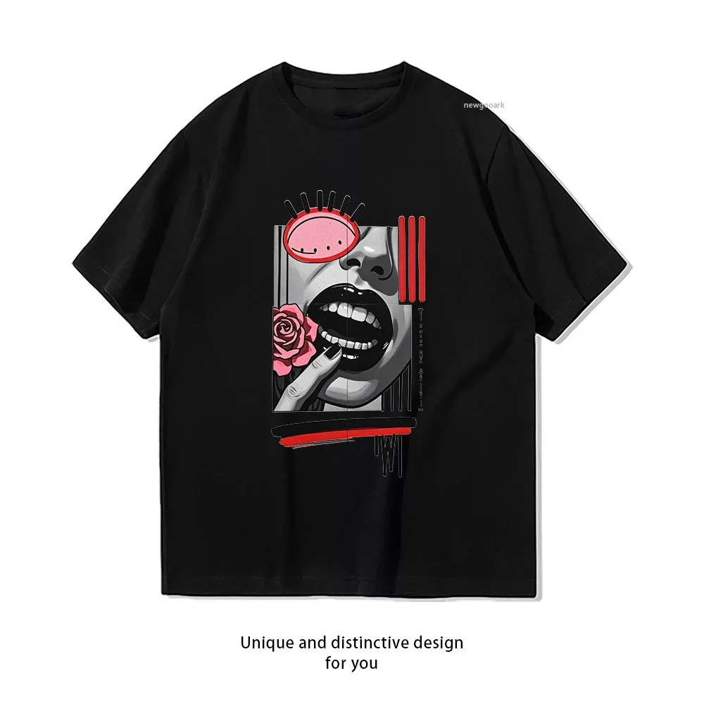 Lip Art Rose Print T-Shirt Design  Casual Cotton Short Sleeve Tee for Men Women