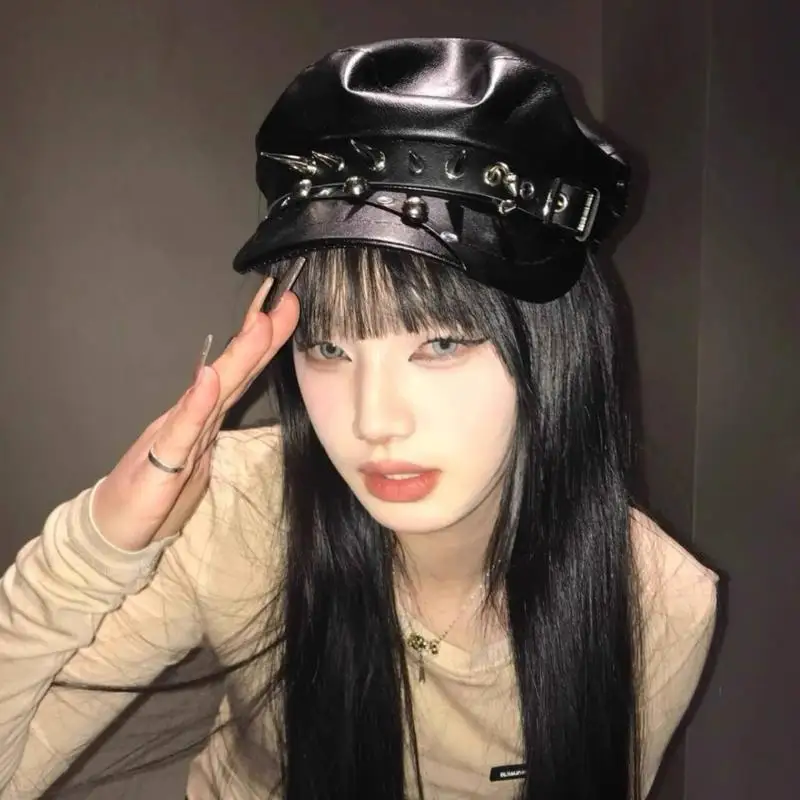 Vintage Nieten-Baskenmütze Harajuku Y2K Mädchen Gothic Lolita Schwarze Leder Dunkel Gesichtsbedeckende Flat-Top Newsboy-Kappe Sonnenschutz-Baskenmütze