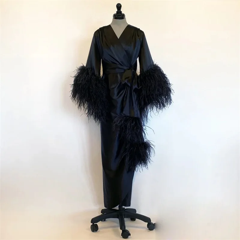 Feather Wedding Shawls Sleepwear Photo Robe With Belt Soft Silk Satin Night Gown For Women Long Sleeve Custom Made Woman Pajamas