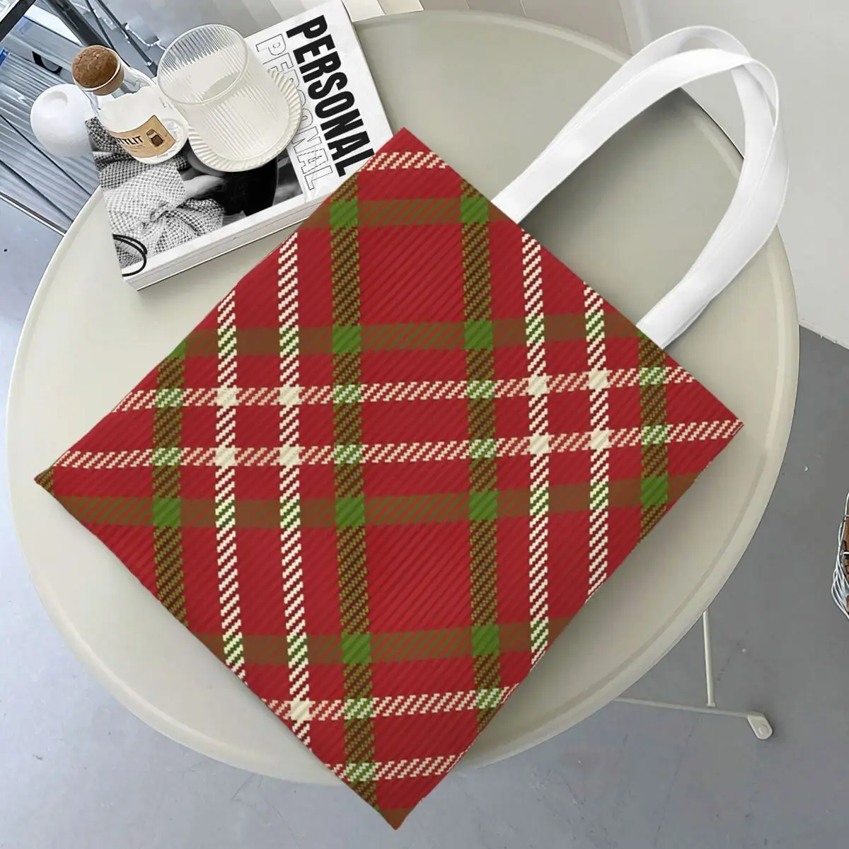 Fall Plaid Christmas Green Red White Canvas Tote Bag Trendy Large Capacity Shopping Bag for Unisex Travel Bags