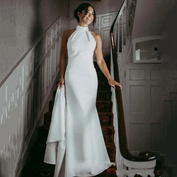 Msikoods Graceful Women Wedding Dresse Vintage High Neck Sleevels Simple Bridal Gown Soft Crepe Mermaid Brides Wedding Gowns