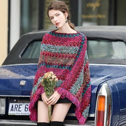 Autumn and Winter New Fashion Pullover Sweater Jacket Women's Korean Version Loose Ethnic Style Striped Knitted Shawl Cape Top