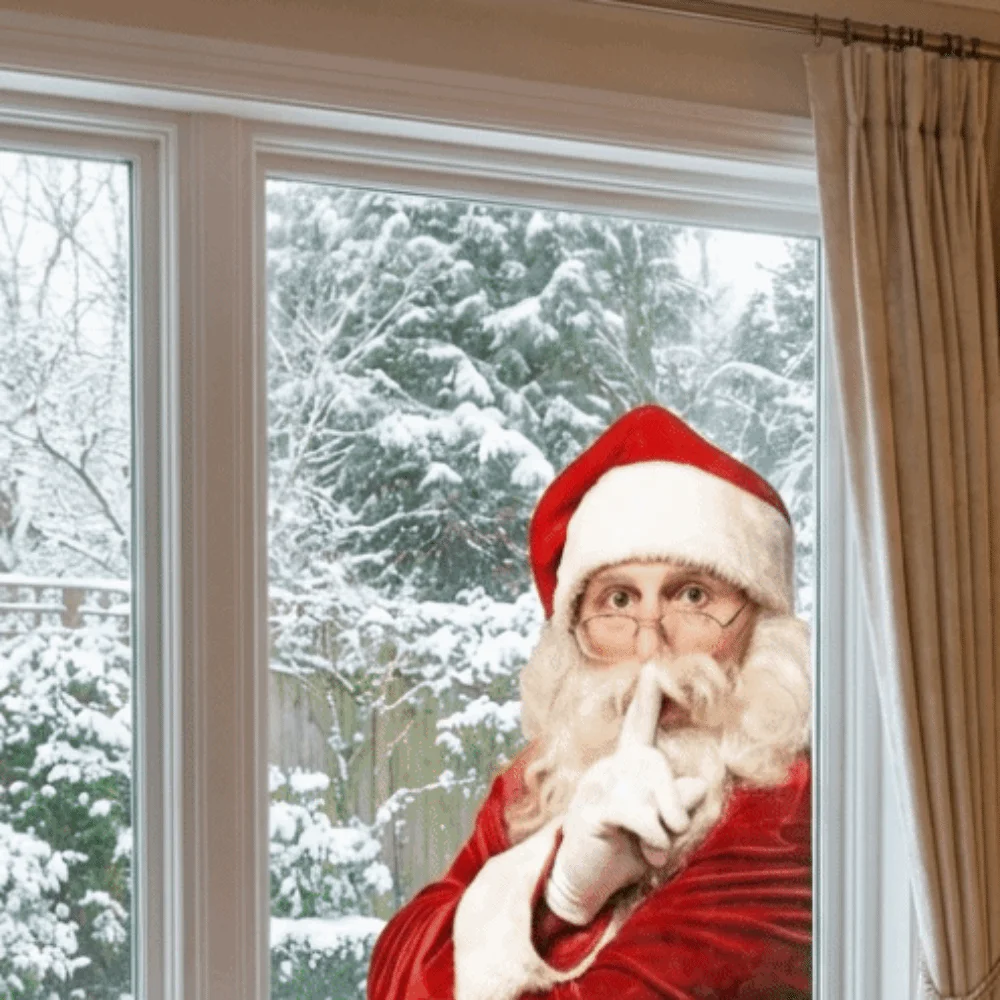 2D Flat Static Cling Window Sticker Double-Sided Visible No Residue Peeking Santa Claus Realistic Print Reusable Mirror Cling