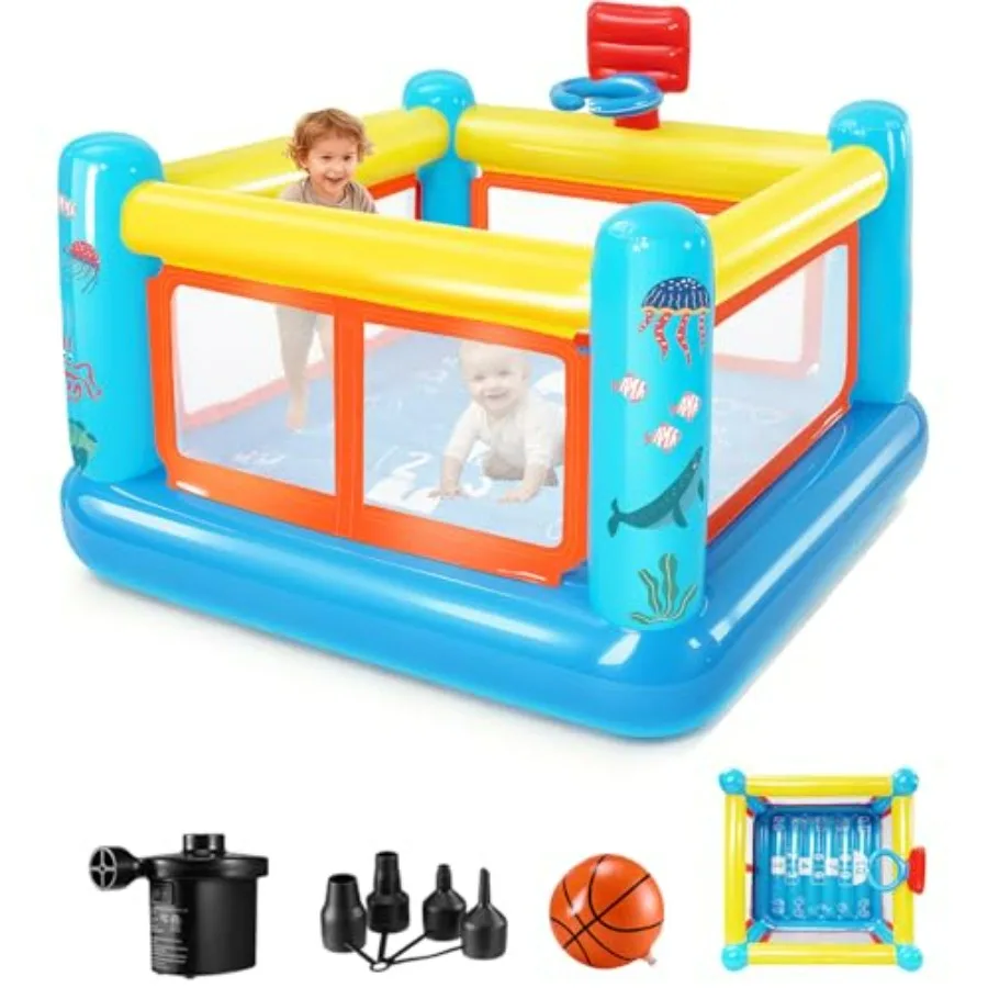 

Inflatable Bounce House Small PVC Bounce House for 3-6 Indoor Outdoor with Basketball Hoop Hopscotch Game Air Pump Included