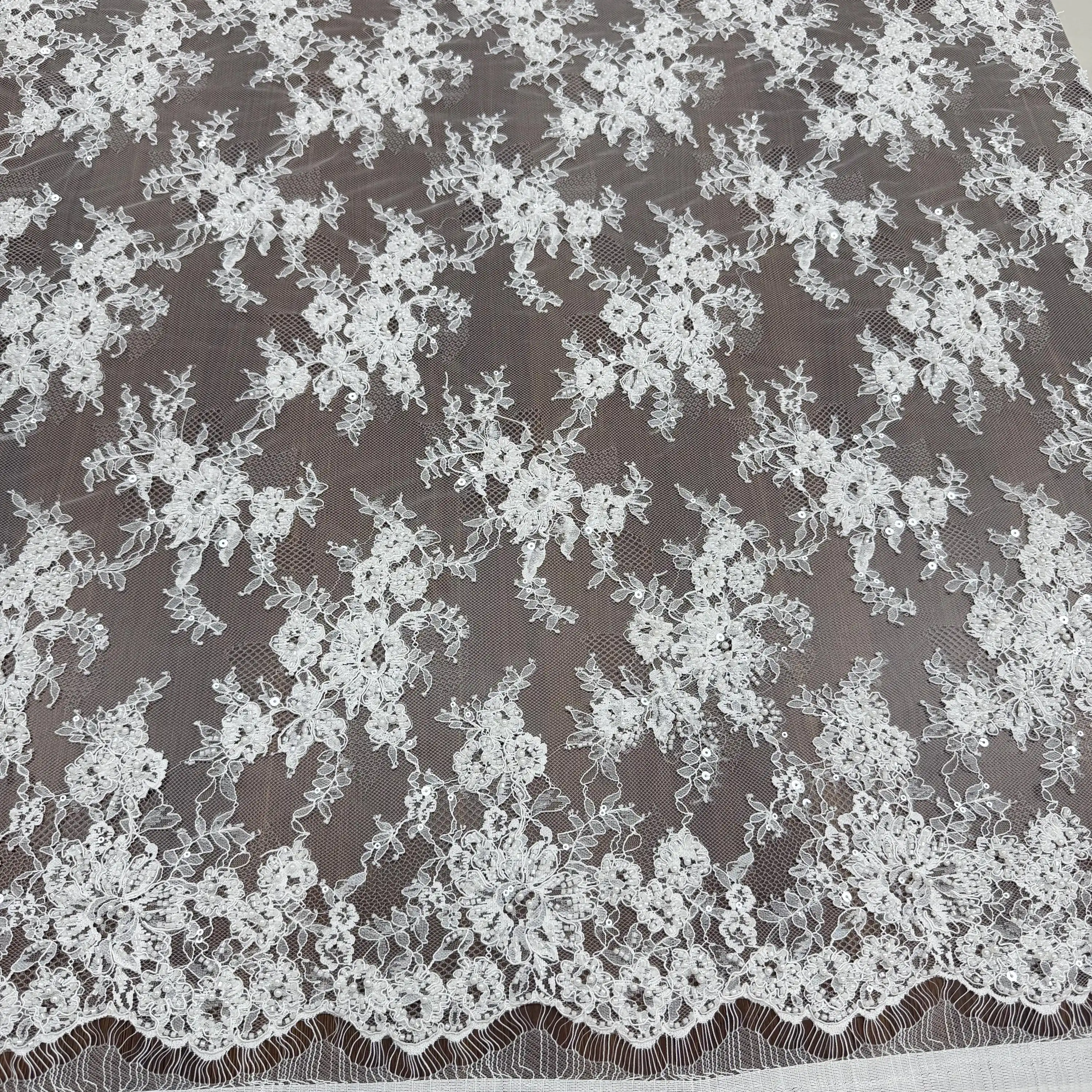 Brand 3D Beaded Alencon Lace Fabric ,Cord Floral Emrboidery Fabric  for Wedding Gown, Lace Caps, Bridal Veils