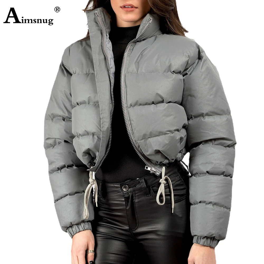 

Women Fashion Pleated Jackets 2024 Reflective Crop Tops Streetwear Sexy Femme Clothing Short Cotton Coats Winter Warm Outerwear