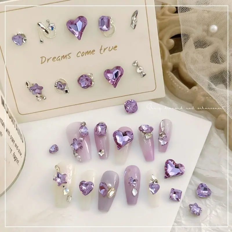 10pcs Light Purple Bule Nail Art Sparkling Crystal Diamond Violet Pointed Bottom Bare Rhinestone Nail Accessories Charms