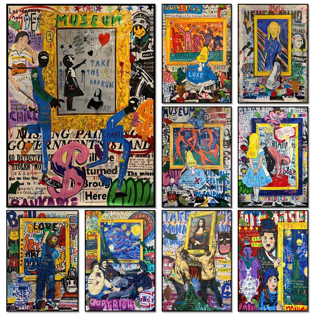 

Street Graffiti Wall Art Poster Mona Lisa Star Moon Night Van Gogh Self Portrait Mural Modern Home Decor Painting Canvas Prints