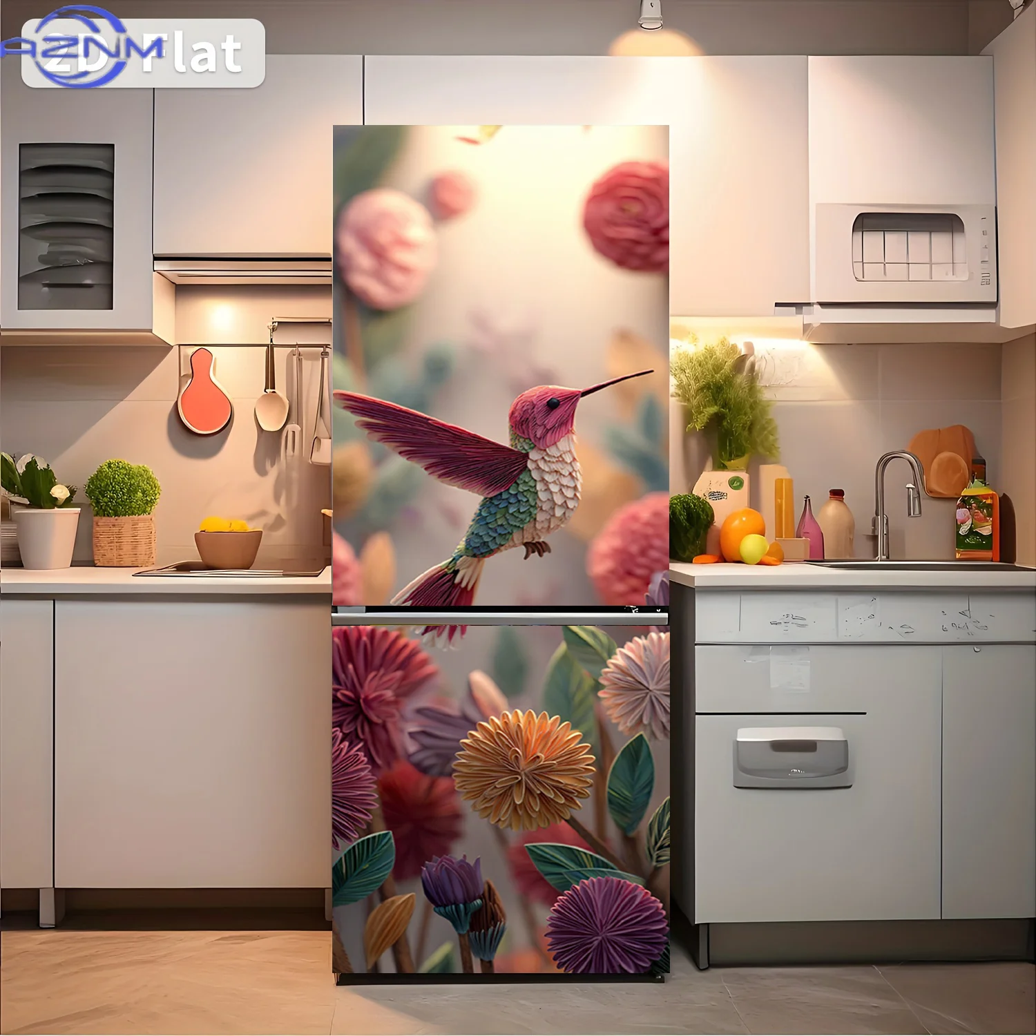 1pc of Refrigerator Sticker Measuring Featuring a Hummingbird And Paper Flower Design, Self-Adhesive Wall Decoration Suitable