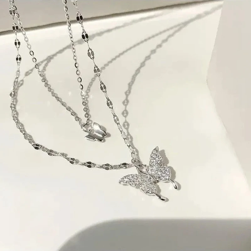 New 925 Sterling Silver Shiny Butterfly Pendent Necklace Women Exquisite Double Layer Clavicle Chain Necklace Jewelry Gift