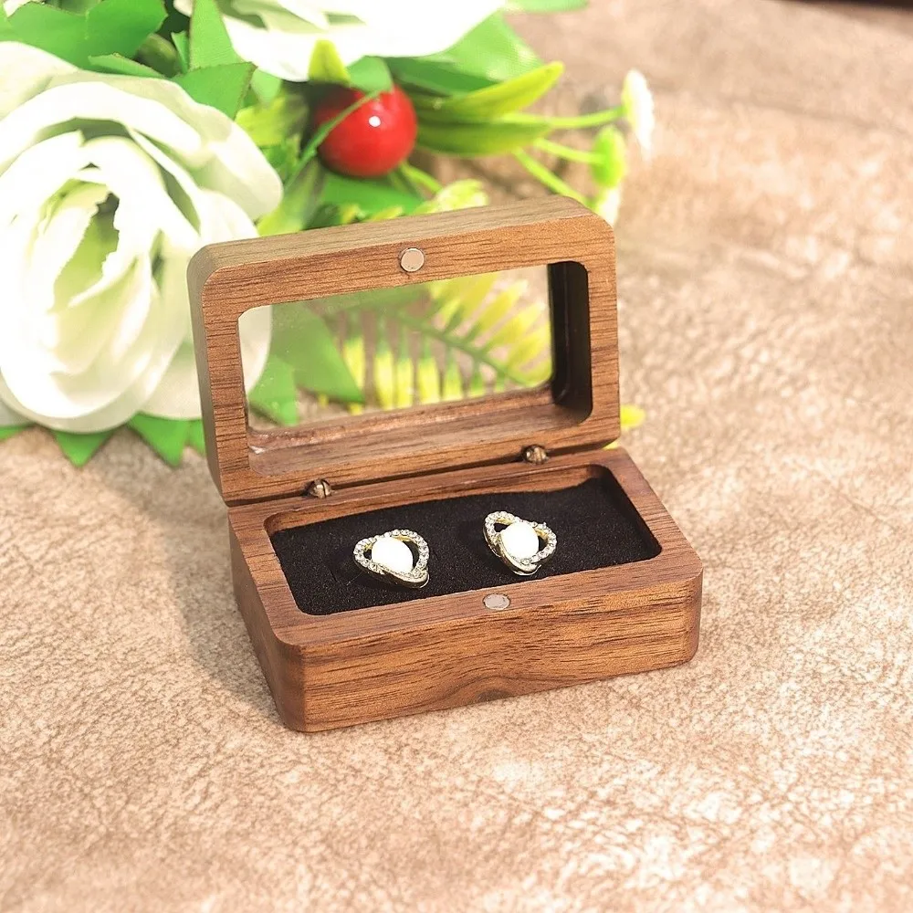 New Wooden Jewelry Box Rectangular Opening Window Lover Ring Display Box Retro Storage Holder Engagement