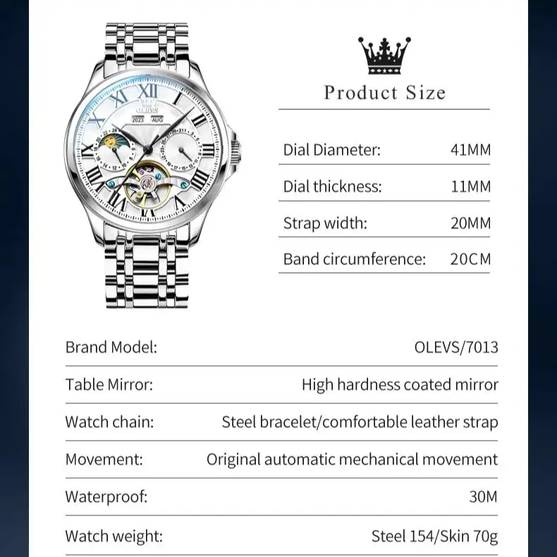 OLEVS 7013 NEW Men\'s Watches Automatic Mechanical Movement Flywheel Moon Phase Calendar Waterproof Men Wristwatches Luxury Brand