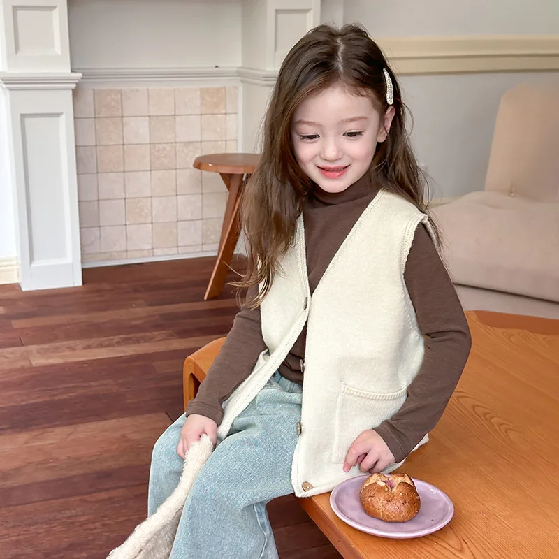 Children Clothes Girls Temperament Korean Style Casual Sweater Vest Autumn Warm Solid Color Casual Simple Knit Cardigan Vest image 5