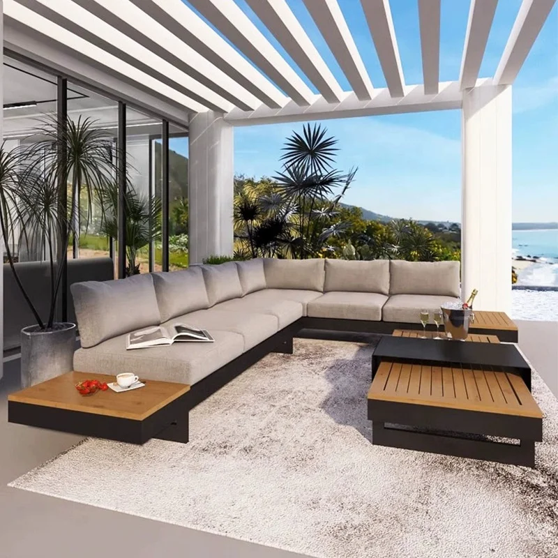 #4-Piece L-Shaped Modular Outdoor Sectional Sofa Set Patio Furniture Set with Coffee Table Patio Sofa Teak & Aluminum