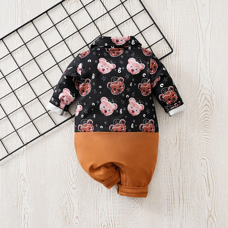 Cute Bear Gentleman Baby Romper Long Sleeve Two-Tone Design with Bow Tie Formal Dress Up Jumpsuit
