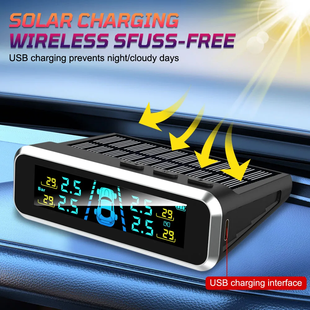 

USB / Solar TPMS Digital LCD Display 0-6.0Bar Car Tire Pressure Monitoring System Auto Security Alarm Systems